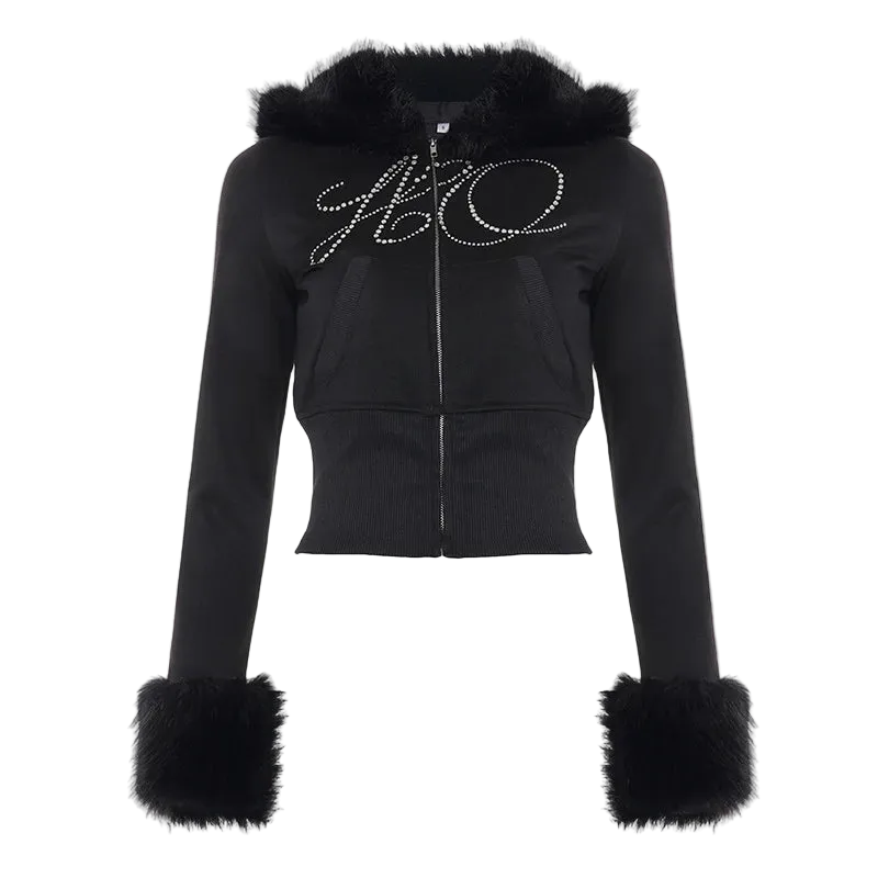 Y2K Velvet Flare Tracksuit Set – Faux Fur Zip Hoodie & Low Rise Pants (Black)