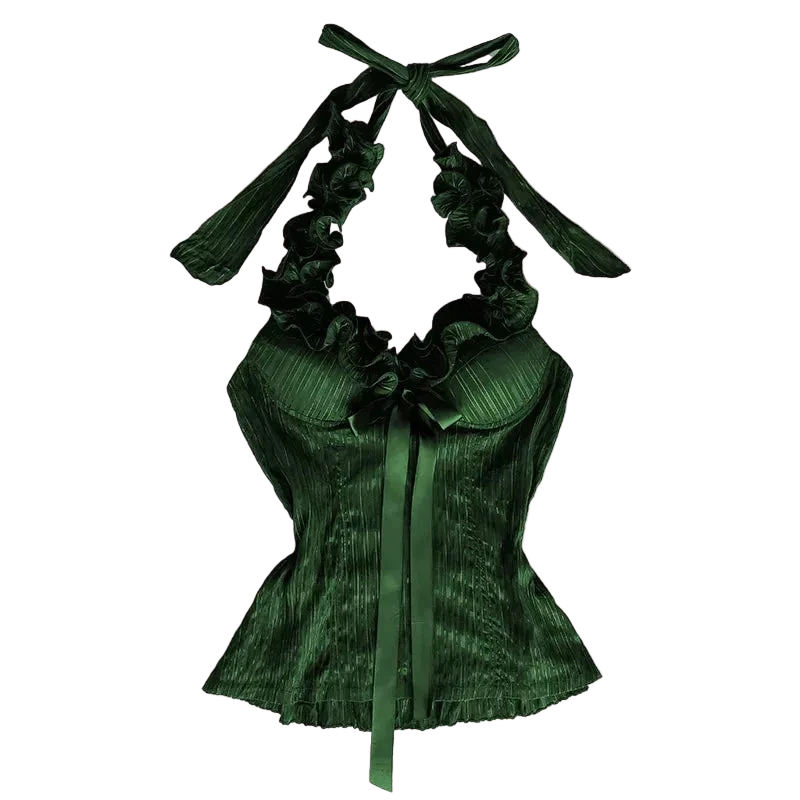 Vintage Halter Corset Top – Gothic Y2K Slim Fit Lace-Up Neck Bustier