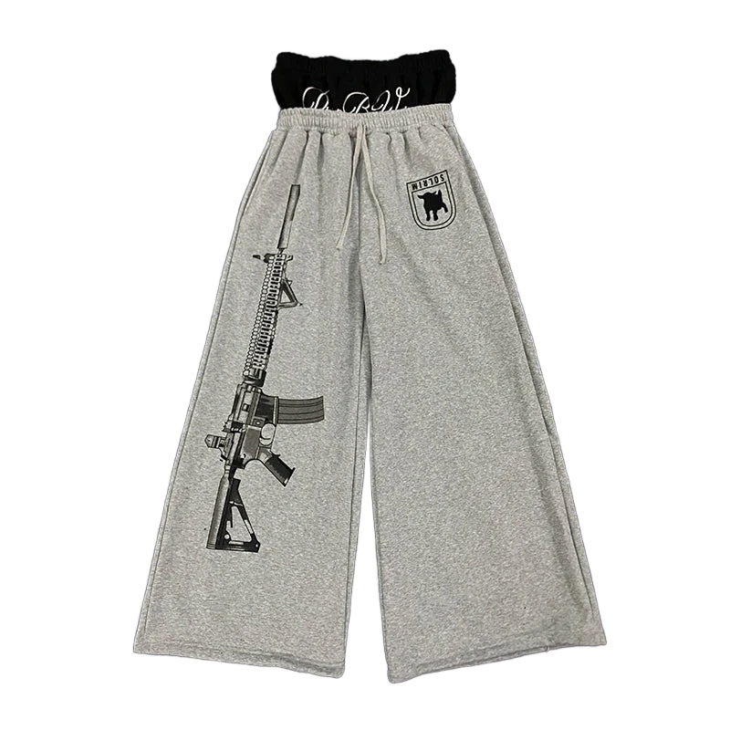 High-Waist Printed & Embroidered Streetwear Pants