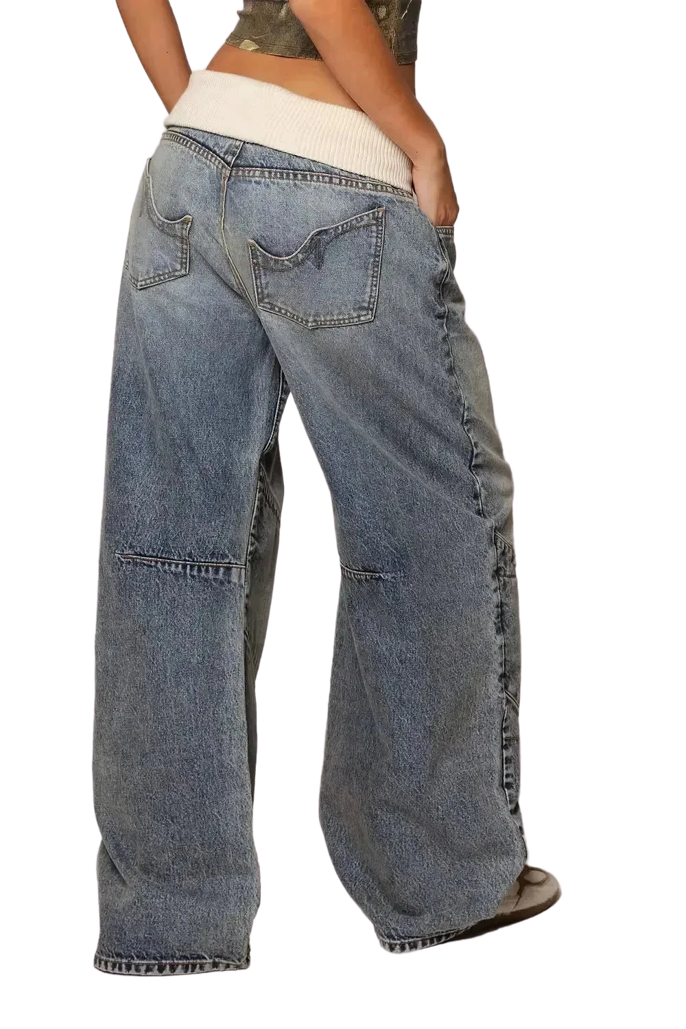 Jeans baggy in denim blu con fascia elastica