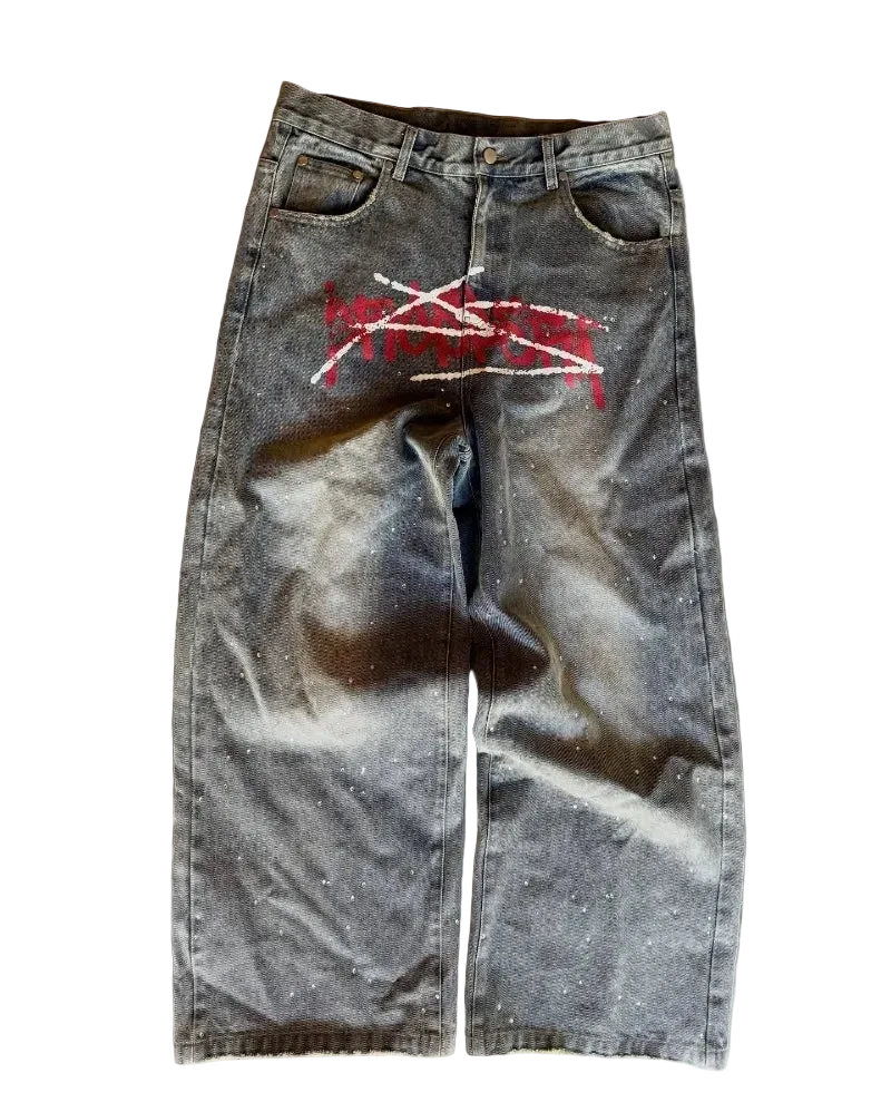 Graffiti Wide Leg Jeans with Rhinestone Details