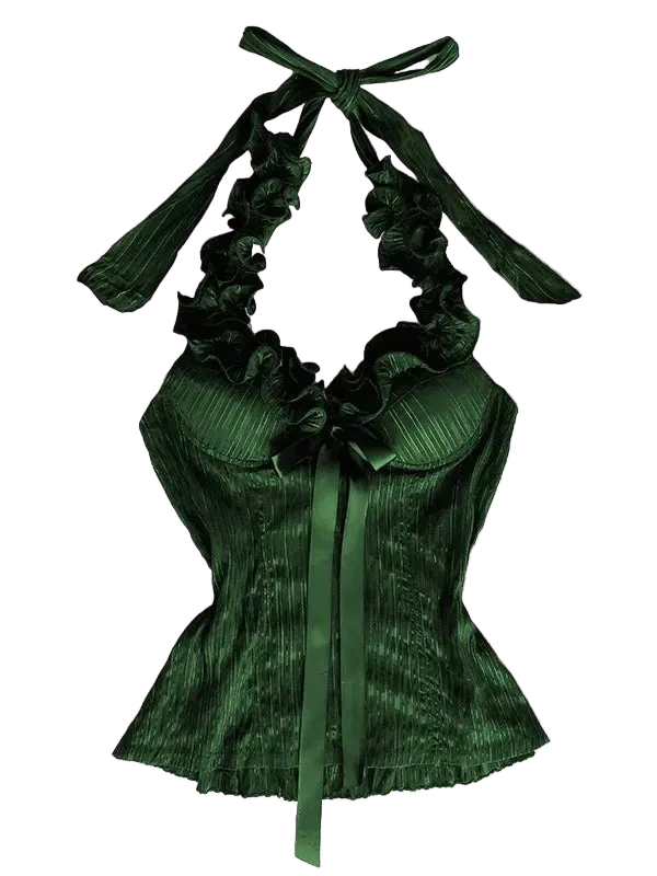 Vintage Halter Corset Top – Gothic Y2K Slim Fit Lace-Up Neck Bustier