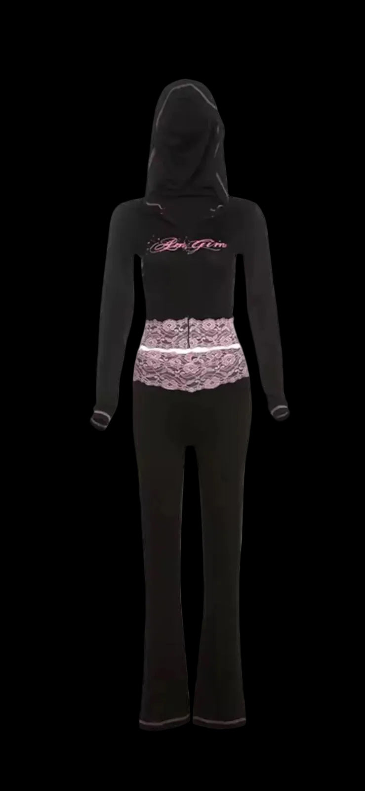 Hooded Zip Crop Jacket+Patchwork Flare Pants 2000s