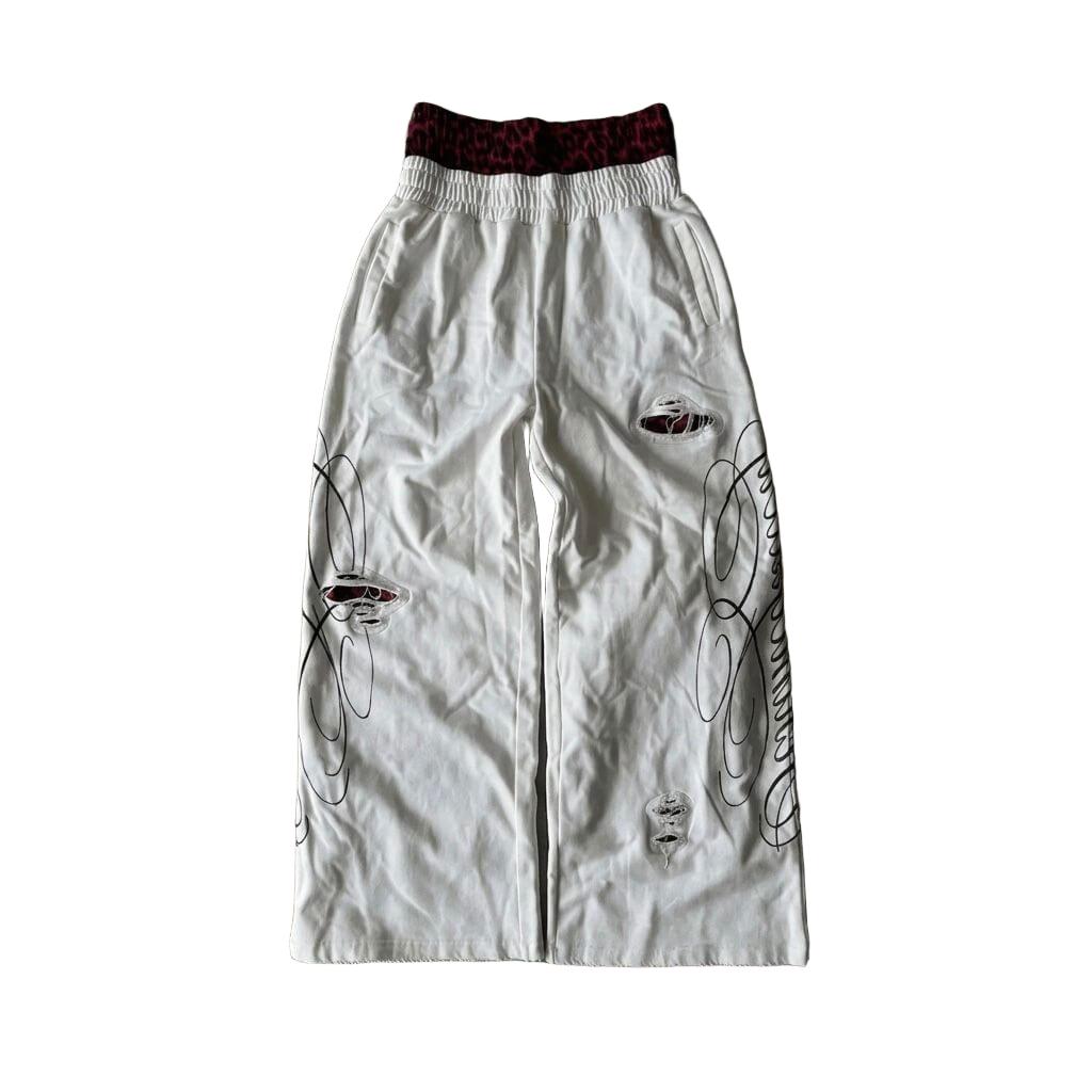 Double-Waist Graphic Ripped Trousers-Mkcyberr