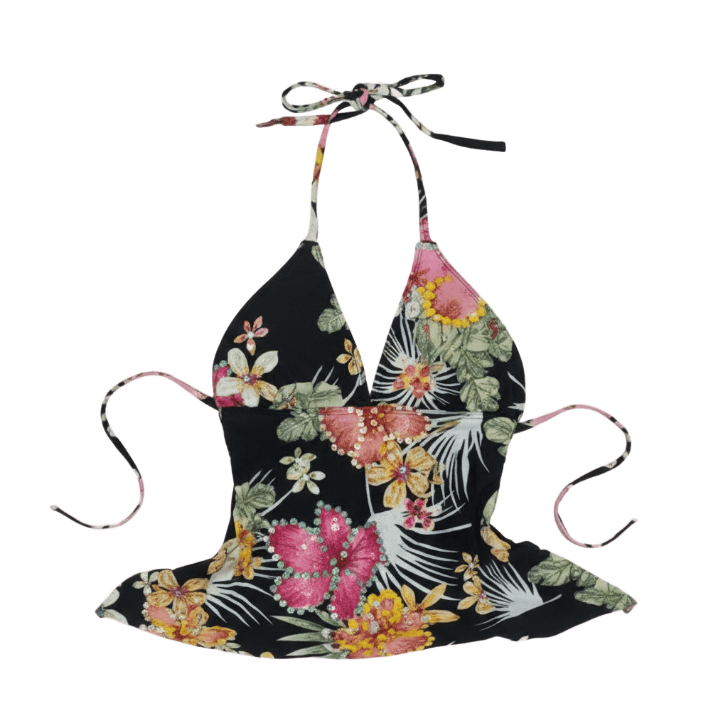 Floral Halter Crop Top – Vintage Aesthetic Summer Beach Top