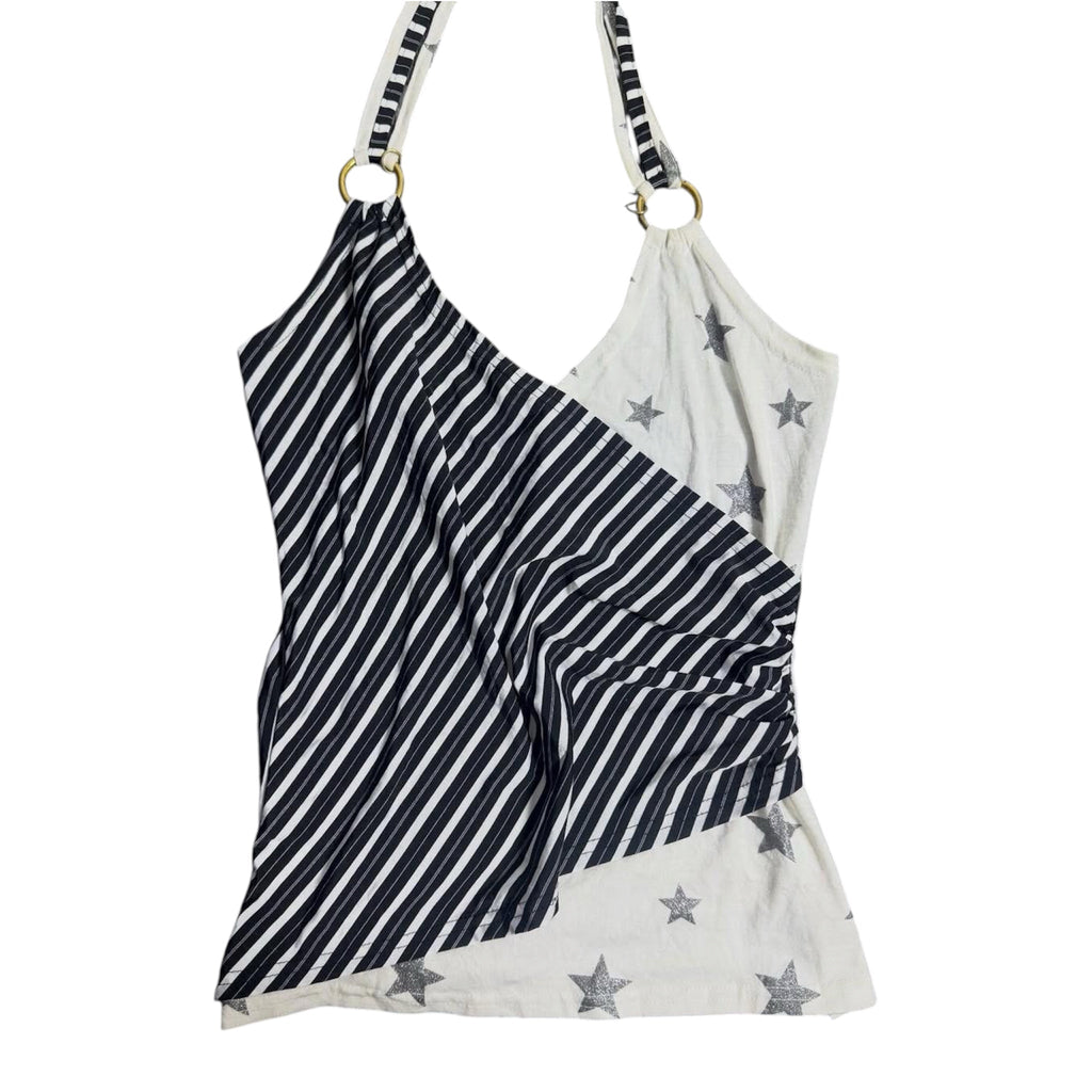 American Retro Vintage black and white striped halter top with silver glitter stars and ring accents