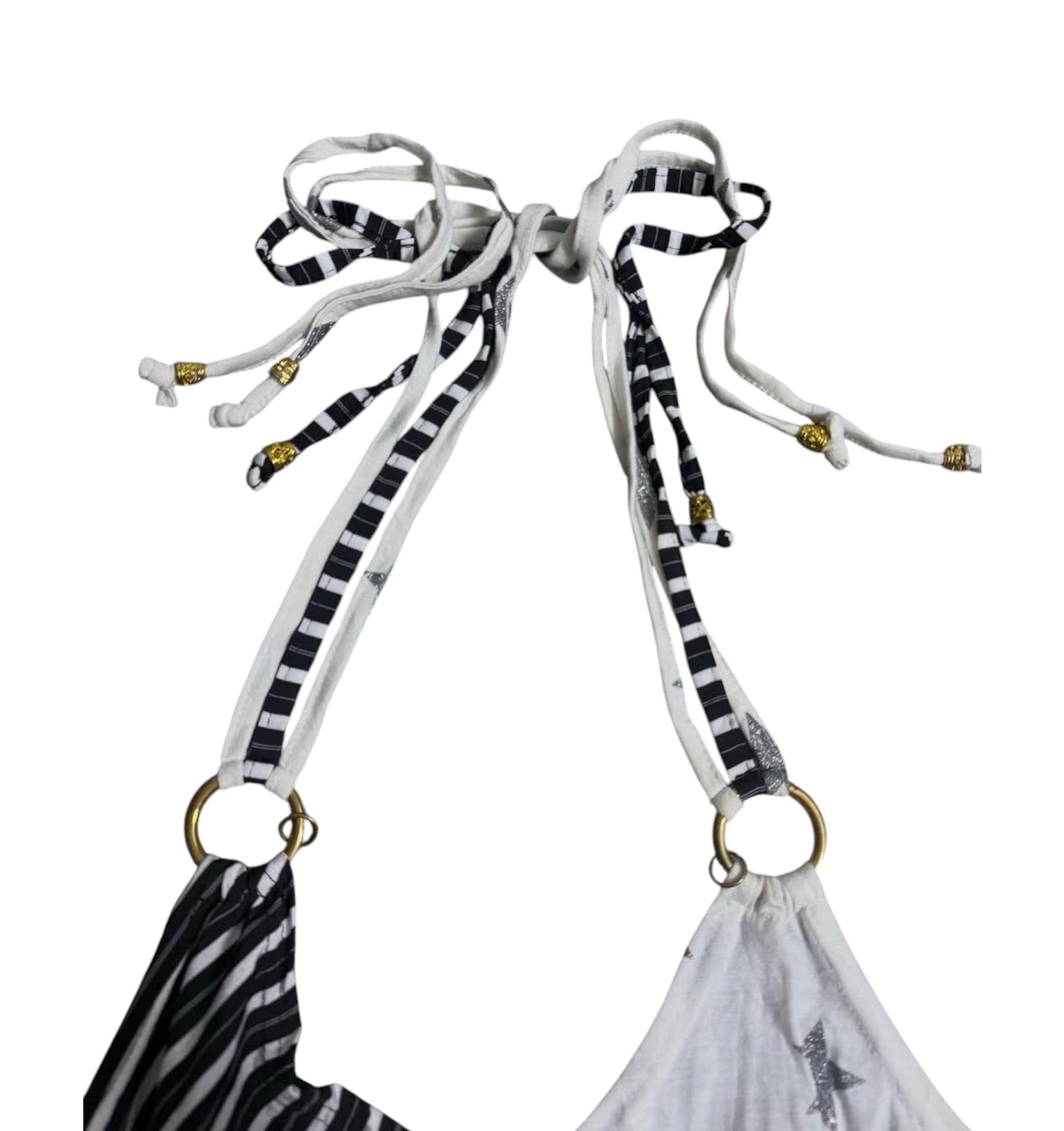 American Retro Vintage black and white striped halter top with silver glitter stars and ring accents