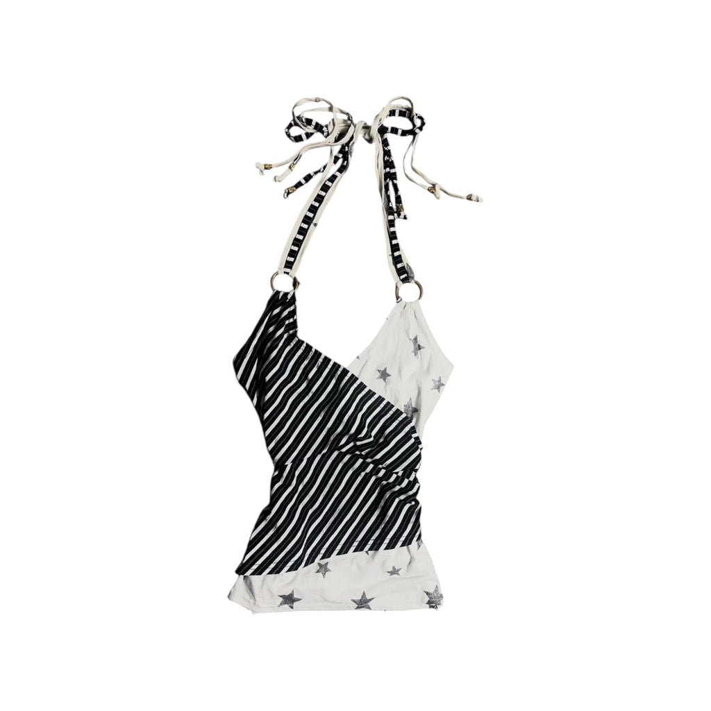 American Retro Vintage black and white striped halter top with silver glitter stars and ring accents