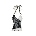 American Retro Vintage black and white striped halter top with silver glitter stars and ring accents