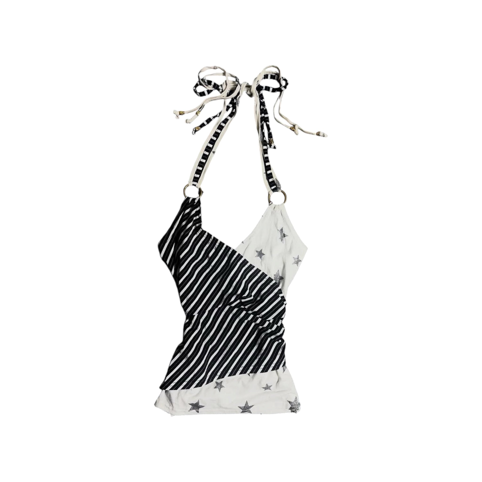 American Retro Vintage black and white striped halter top with silver glitter stars and ring accents