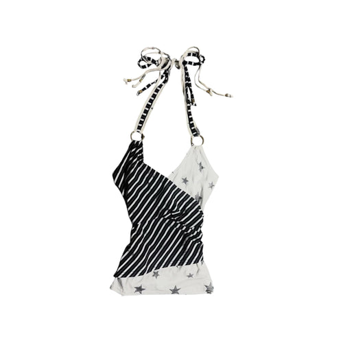 American Retro Vintage black and white striped halter top with silver glitter stars and ring accents