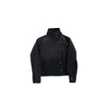 Asymmetric high-neck denim jacket in washed charcoal with button closure
