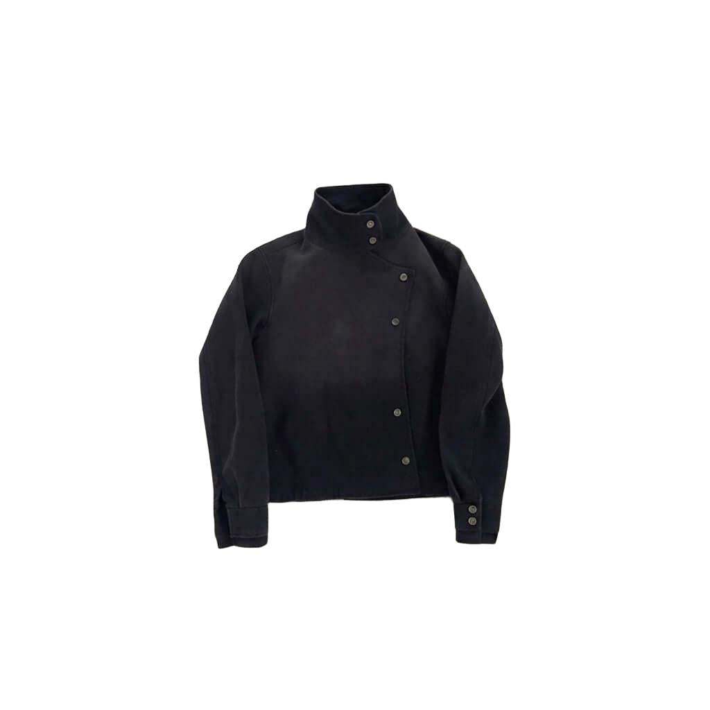 Asymmetric high-neck denim jacket in washed charcoal with button closure
