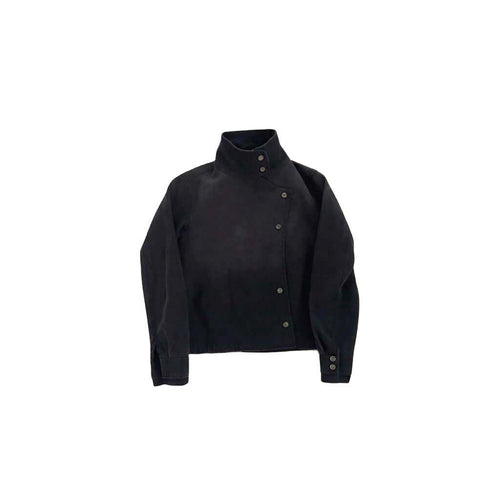 Asymmetric high-neck denim jacket in washed charcoal with button closure