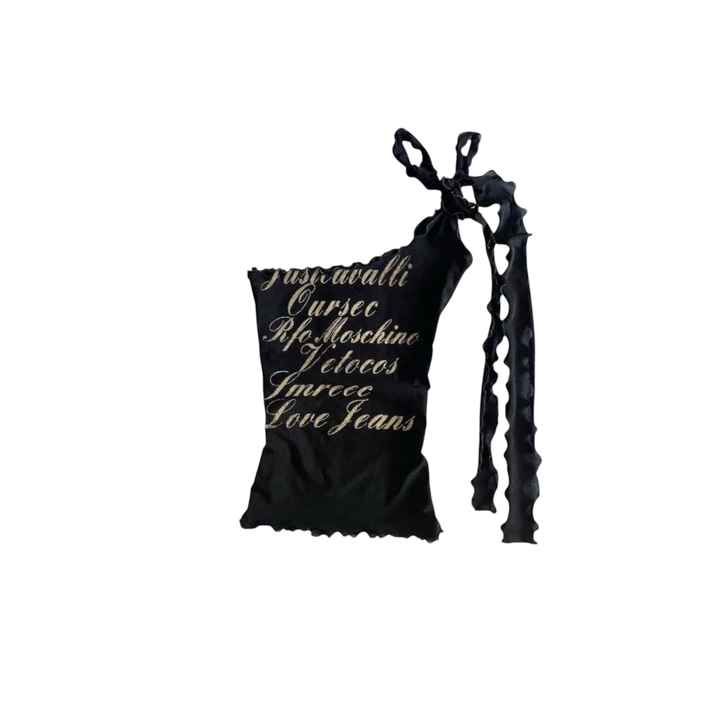 Asymmetric one-shoulder crop top with script graphic and hot drill embellishments