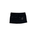 Black denim mini skirt with rhinestone skull and silver studs