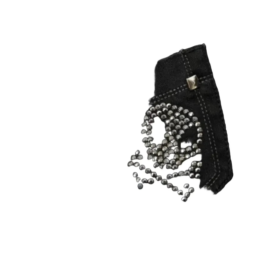 Black Denim Mini Skirt with Rhinestone Skull Detail-Mkcyberr