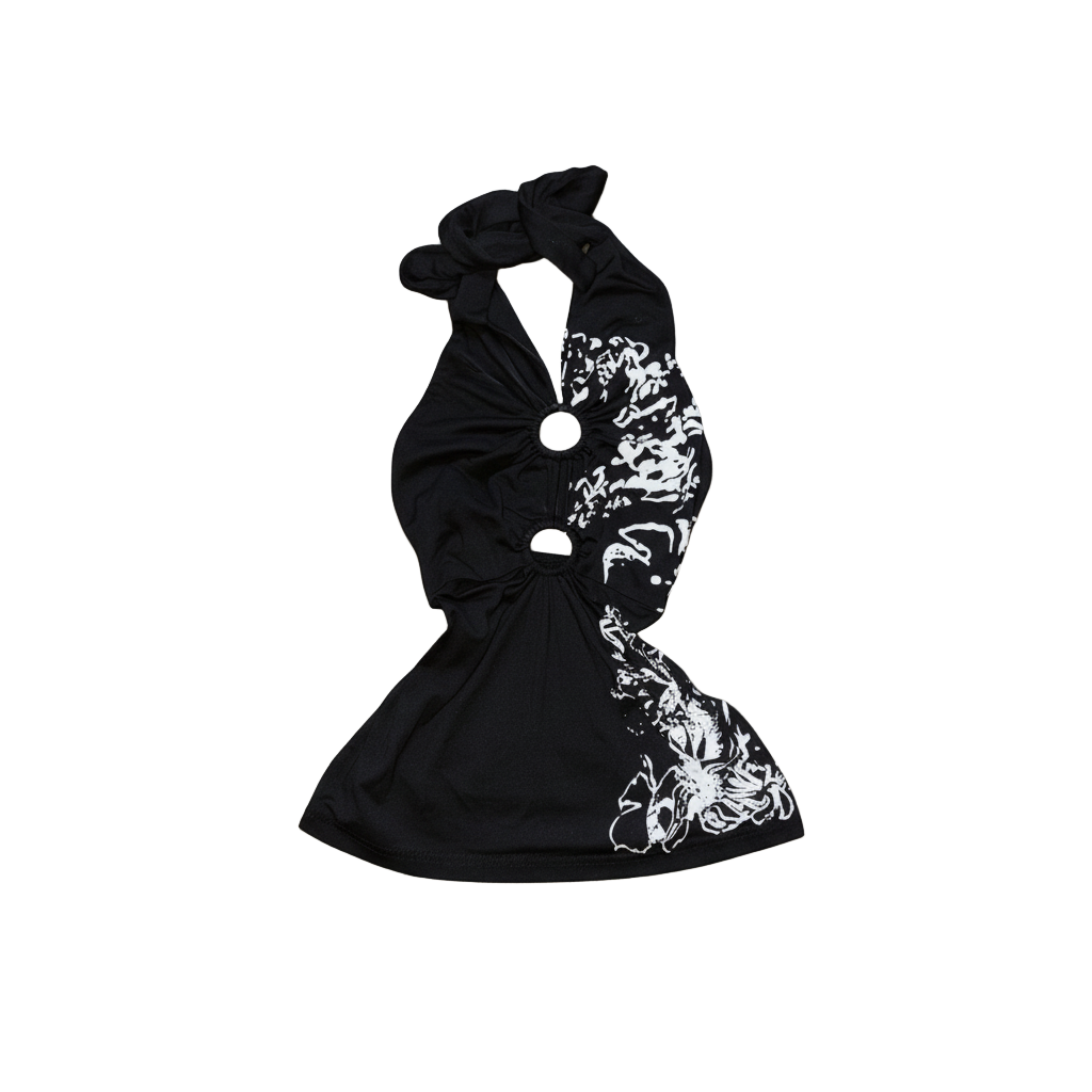 Black graphic halter top with white floral print and ring cut-out