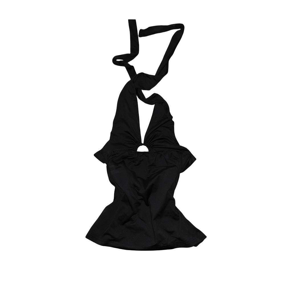 Black graphic halter top with white floral Y2K print and ring cutout