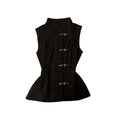 Black vest top with high-neck collar and metal buckle closure, vintage Korea chic style