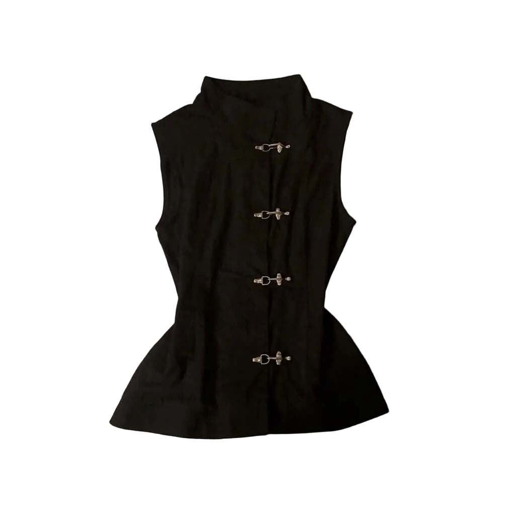 Black vest top with high-neck collar and metal buckle closure, vintage Korea chic style