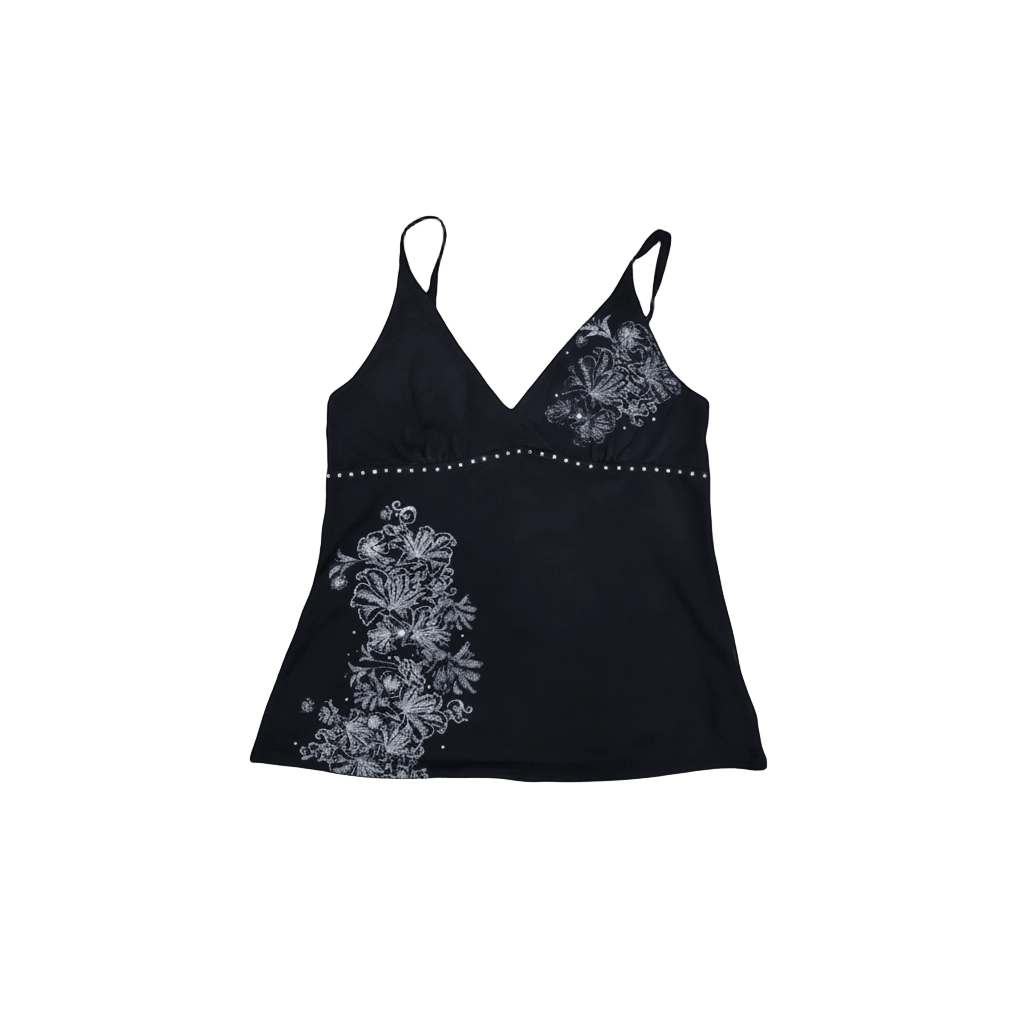 Black Flare Camisole with Floral Graphics Explore the Black Flare Camisole with Floral Graphics, merging grunge and fairycore for a standout vintage-inspired look.