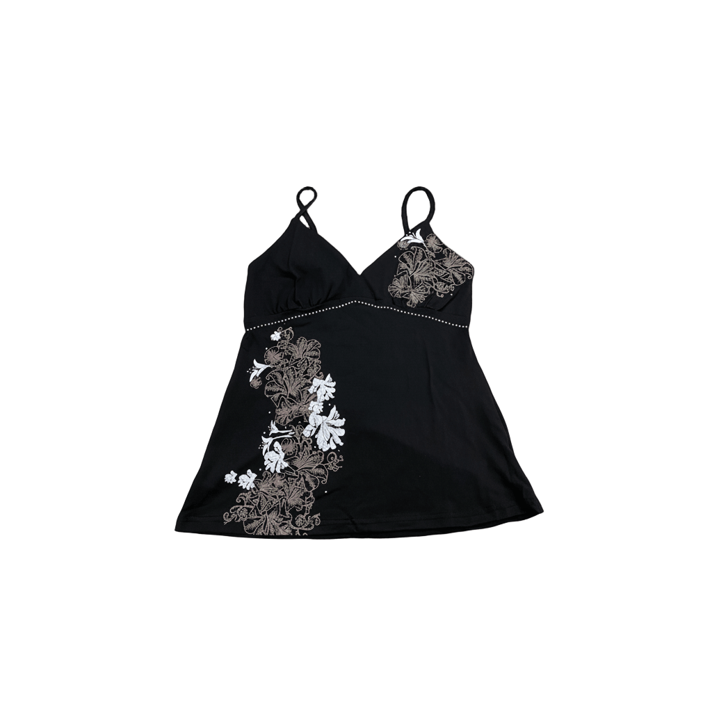 Black Flare Camisole with Floral Graphics Explore the Black Flare Camisole with Floral Graphics, merging grunge and fairycore for a standout vintage-inspired look.