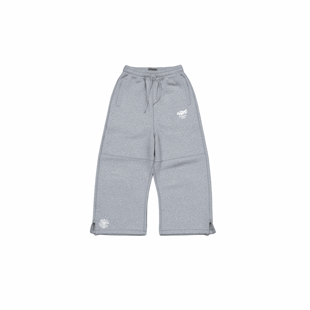 Grey boxy panel sweatpants with wide-leg fit and embroidered graphics