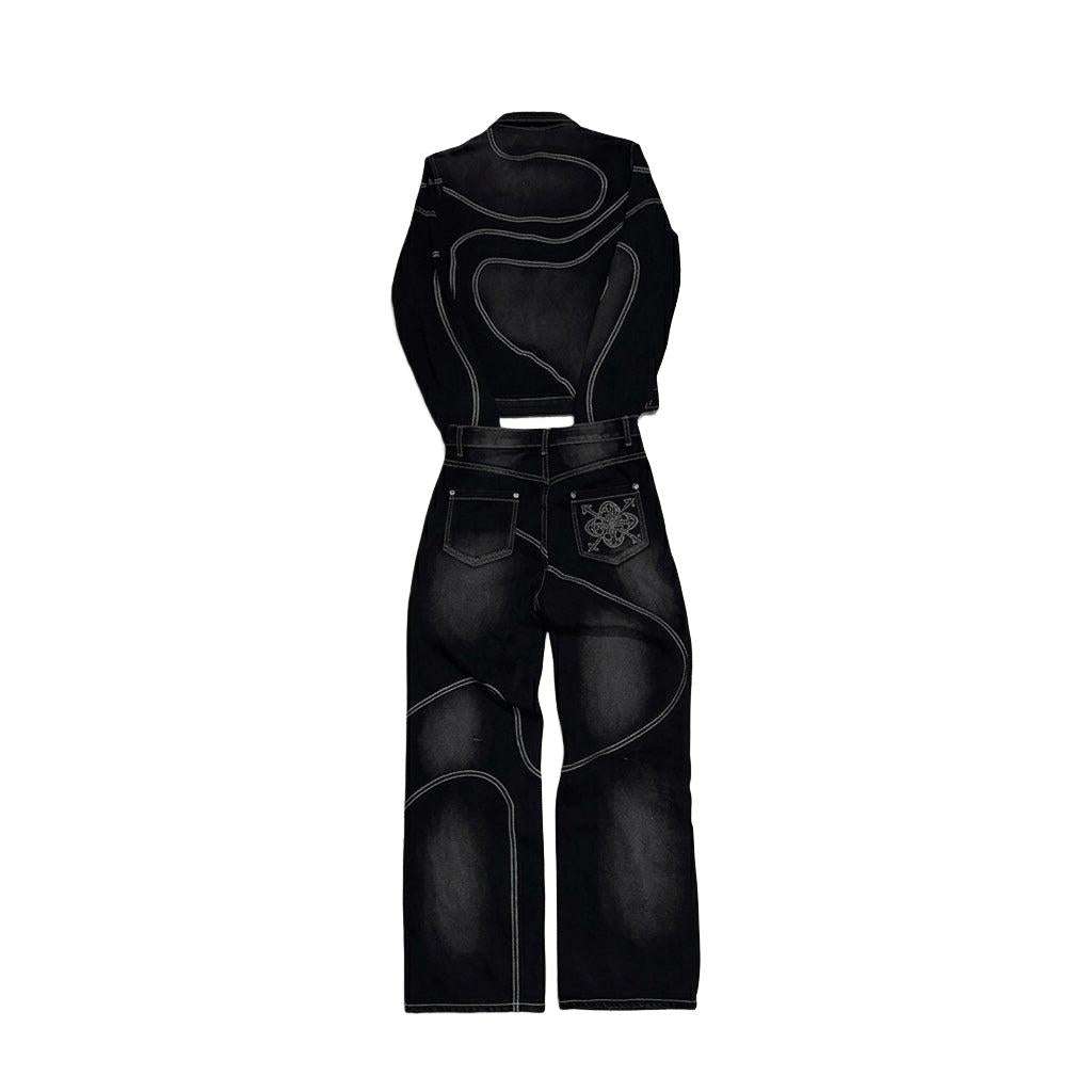 Orbital Noir contrast stitch denim set jacket and wide-leg trousers