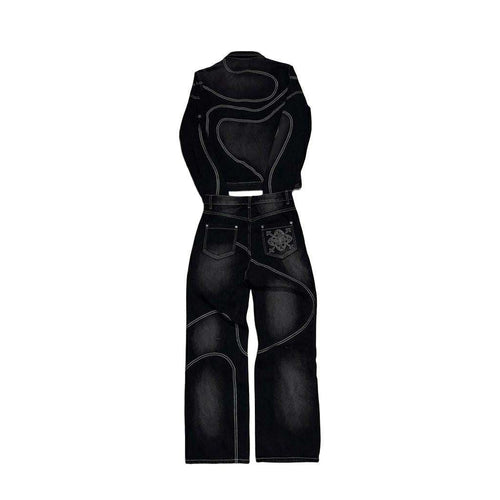 Orbital Noir contrast stitch denim set jacket and wide-leg trousers