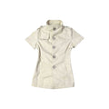 cream button-front short sleeve jacket with high neck and slim fit