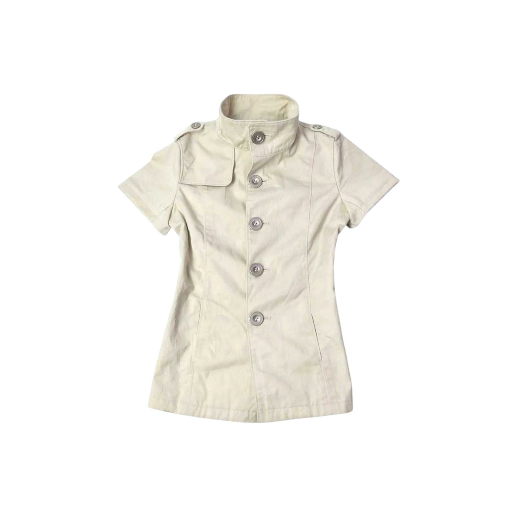 cream button-front short sleeve jacket with high neck and slim fit