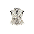 Sleeveless dragon print satin top with cheongsam style mock-neck collar