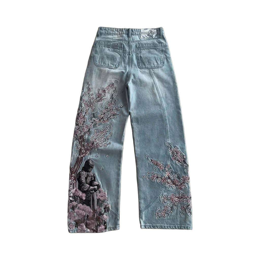 Light blue wide-leg embroidered jeans with sakura flowers and knight print on back legs