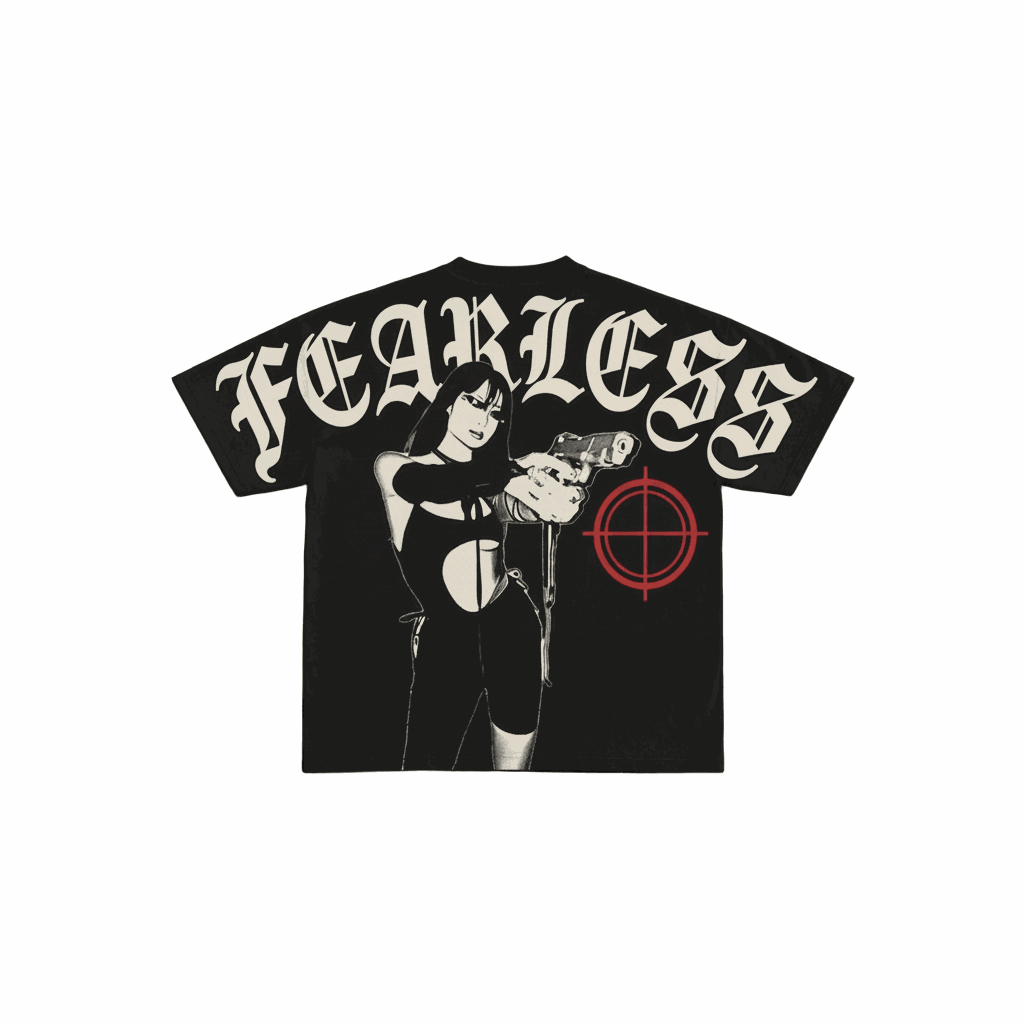 Black Fearless Graphic T-Shirt with oversized fit and cyber-grunge design