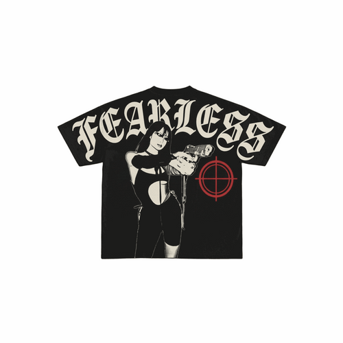 Black Fearless Graphic T-Shirt with oversized fit and cyber-grunge design