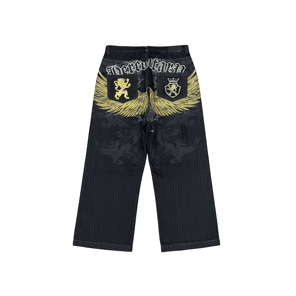 "Golden Wings" Y2K Baggy Jeans – Faded Black Denim-Mkcyberr