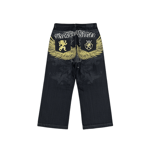 "Golden Wings" Y2K Baggy Jeans – Faded Black Denim-Mkcyberr
