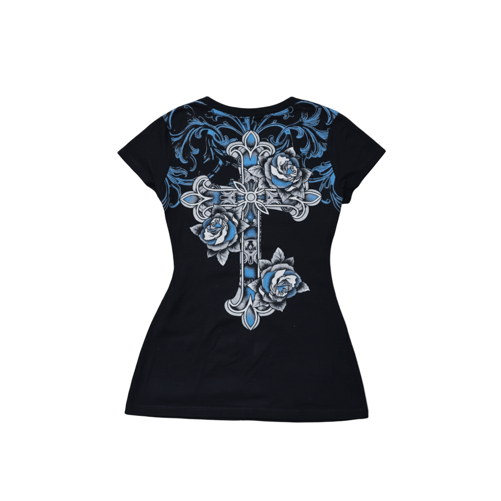 Gothic Cross Faith Tee | Vintage 2000s Design Discover the Gothic Cross Faith Tee, a stunning vintage 2000s design with blue rose graphics. Make a bold statement in this unique top!