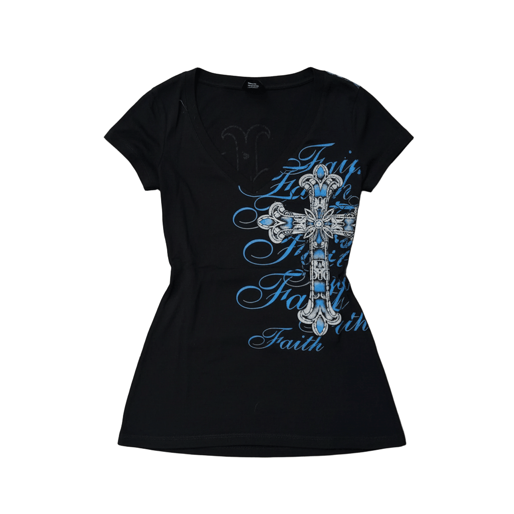 Gothic Cross Faith Tee | Vintage 2000s Design Discover the Gothic Cross Faith Tee, a stunning vintage 2000s design with blue rose graphics. Make a bold statement in this unique top!