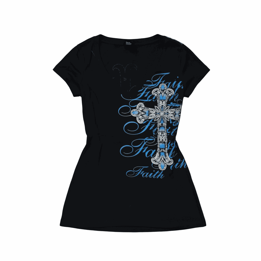Black gothic cross faith tee with blue and silver graphic