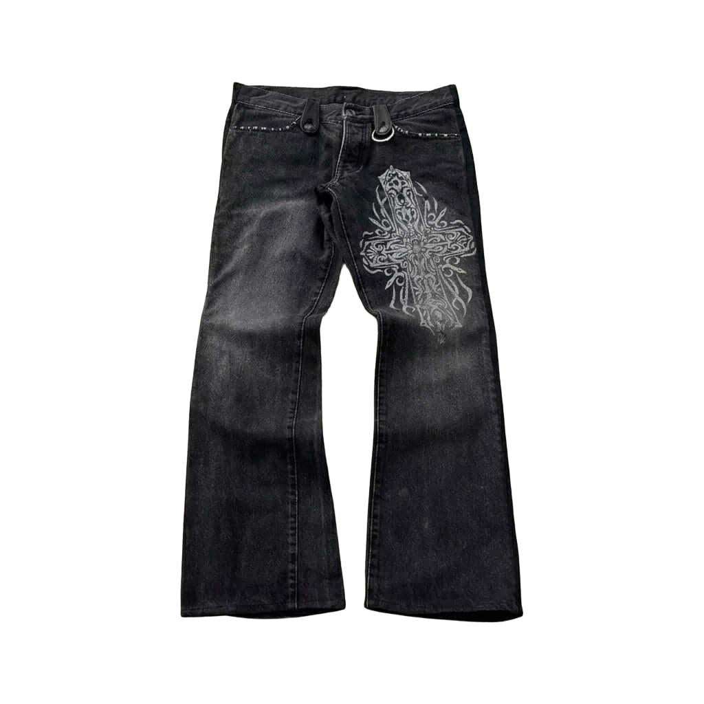 Black Gothic Cross Flared Jeans with metal studs, tassels, and tribal gothic print on thigh