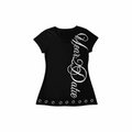 Sleeveless gothic graphic tee with silver grommet hem and vertical calligraphy