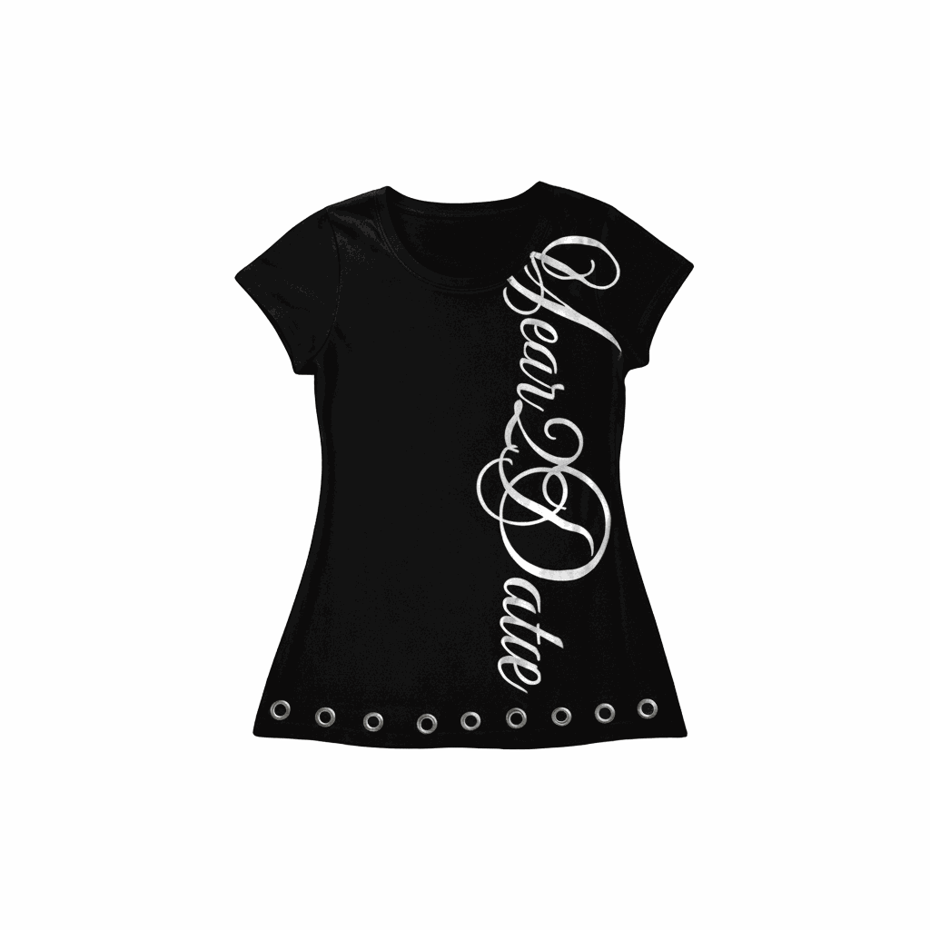 Sleeveless gothic graphic tee with silver grommet hem and vertical calligraphy