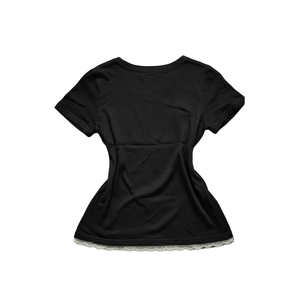 Black gothic lace-up top with white lace trim and vintage graphic print