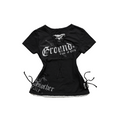 Black gothic lace-up top with white lace trim and vintage graphic print