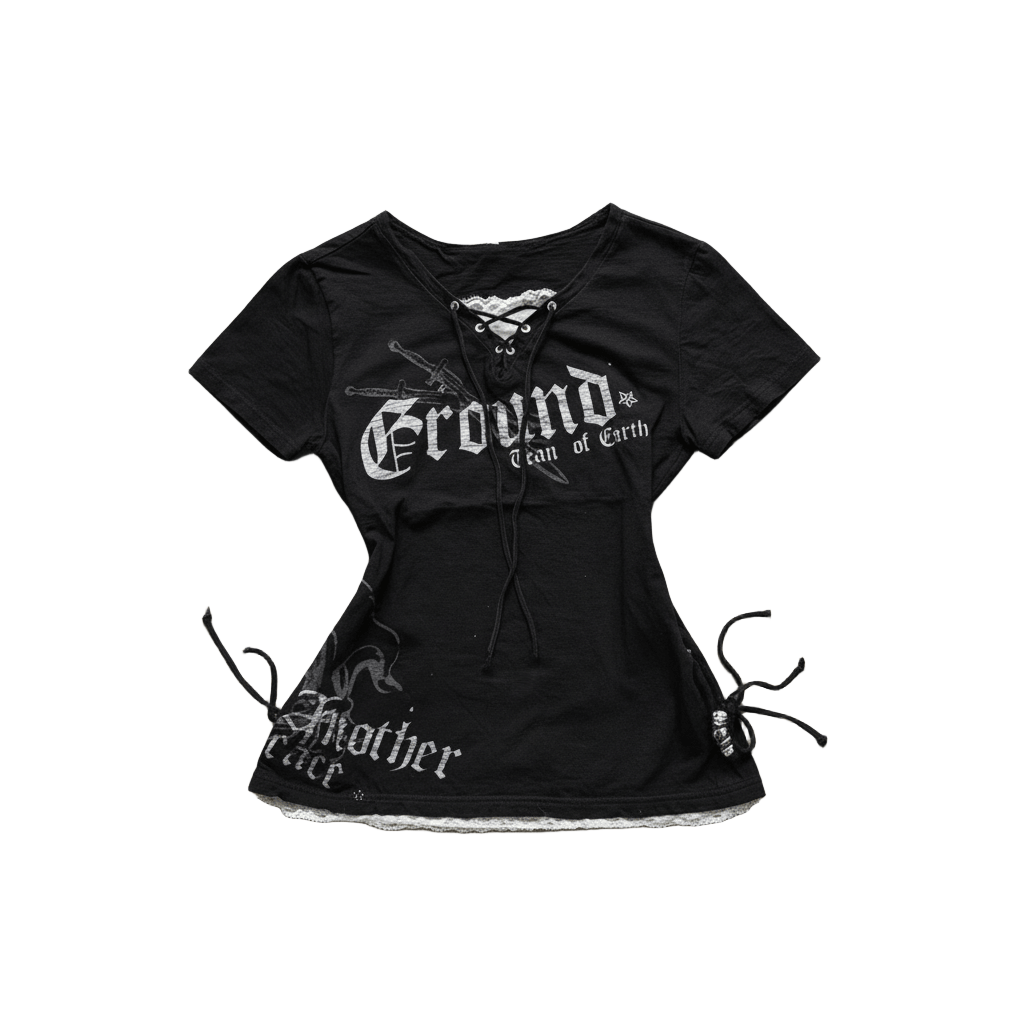 Black gothic lace-up top with white lace trim and vintage graphic print