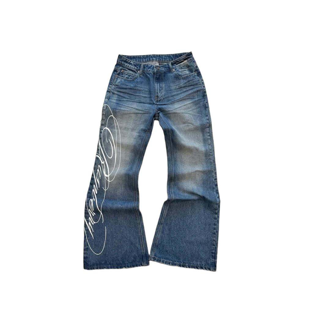Aged Indigo Blue Graffiti Script Flare Jeans with high-waisted fit and white "Seraphine" cursive logo on right leg