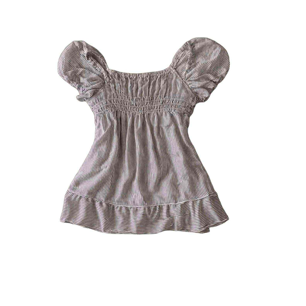 Grey pinstripe peplum top with front bow and puff sleeves