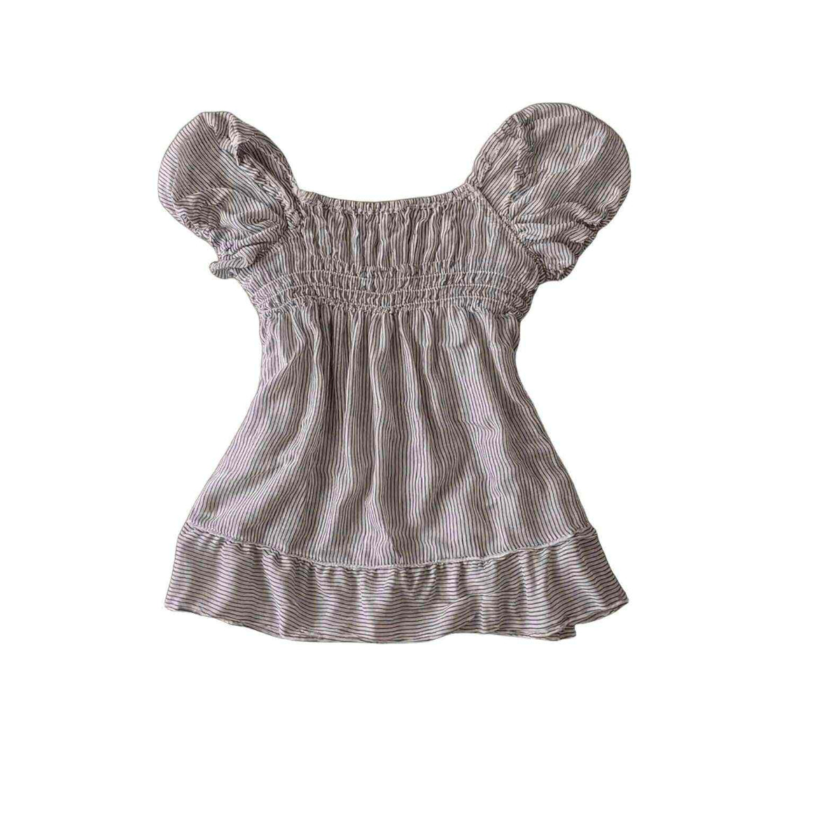 Grey pinstripe peplum top with front bow and puff sleeves